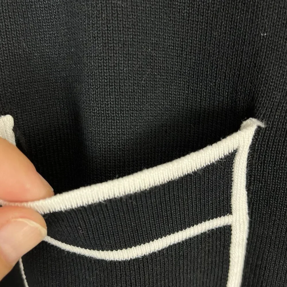 Women Black White Cardigan Pearl Buttons Contrast Trim Knit Elegant Classic